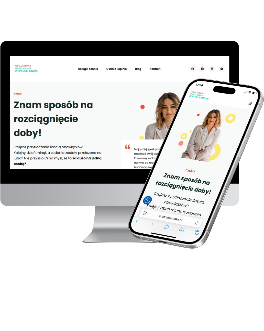 Obrazek stanowi przedstawienie portfolio tworzonych stron internetowych. Wirtualne wsparcie oferuje Anna Jarzynka - wirtualna asystnetka