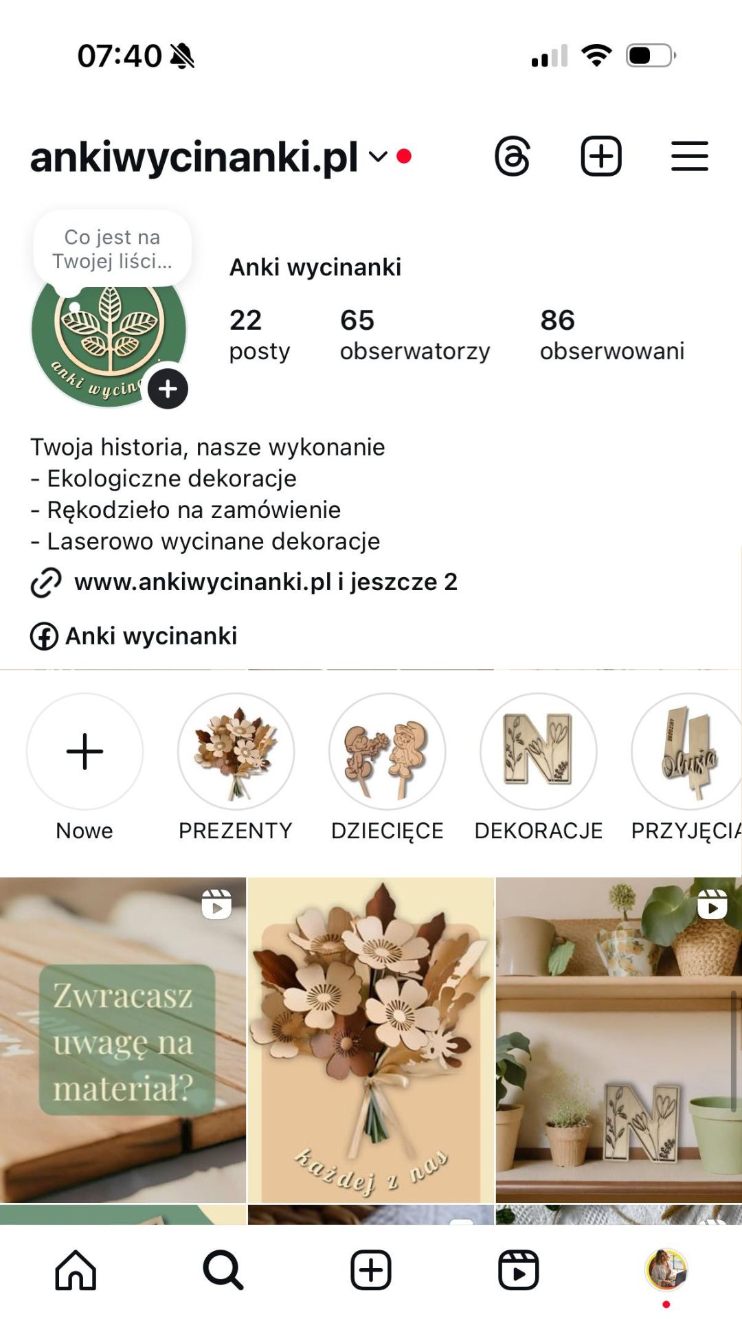 zdjecie przedstawia social media - platformę Instagram oraz stworzony przez Annę Jarzynkę profil dla klienta korzystajacego z uslugi content creator & social media manager