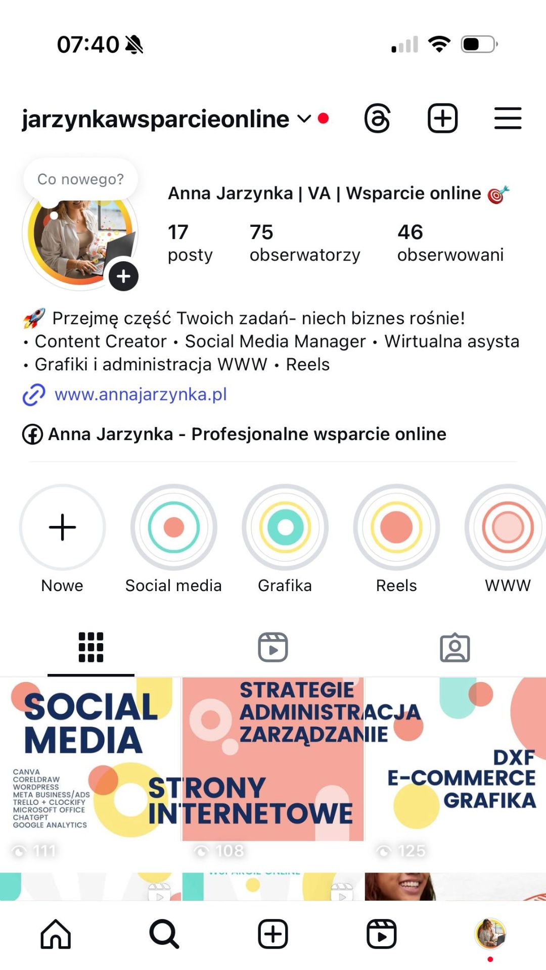zdjecie przedstawia social media - platformę Instagram oraz stworzony przez Annę Jarzynkę profil dla klienta korzystajacego z uslugi content creator & social media manager